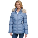 Andrew Marc Women's Short Down Jacket with Faux Fur Trim Hood in Dusk Blue