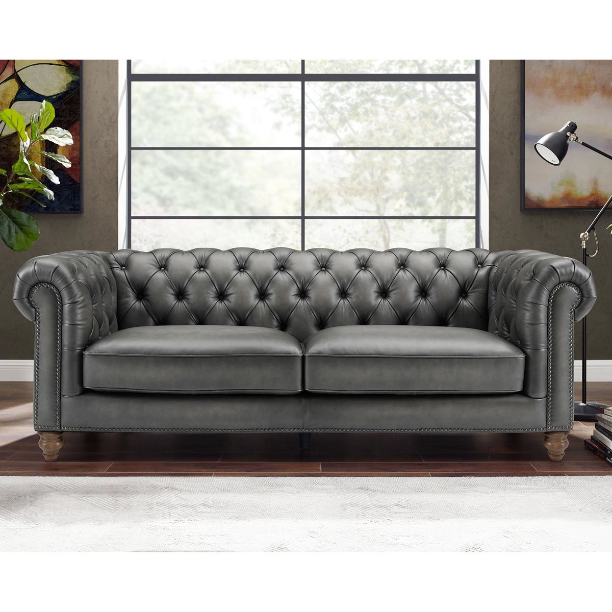 Allington 3 Seater Grey Leather Chesterfield Sofa | Costc...