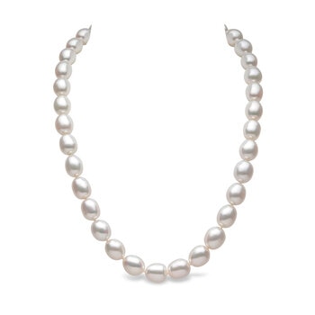 10-10.5mm Cultured Freshwater White Oval Pearl Necklace, 18ct White Gold