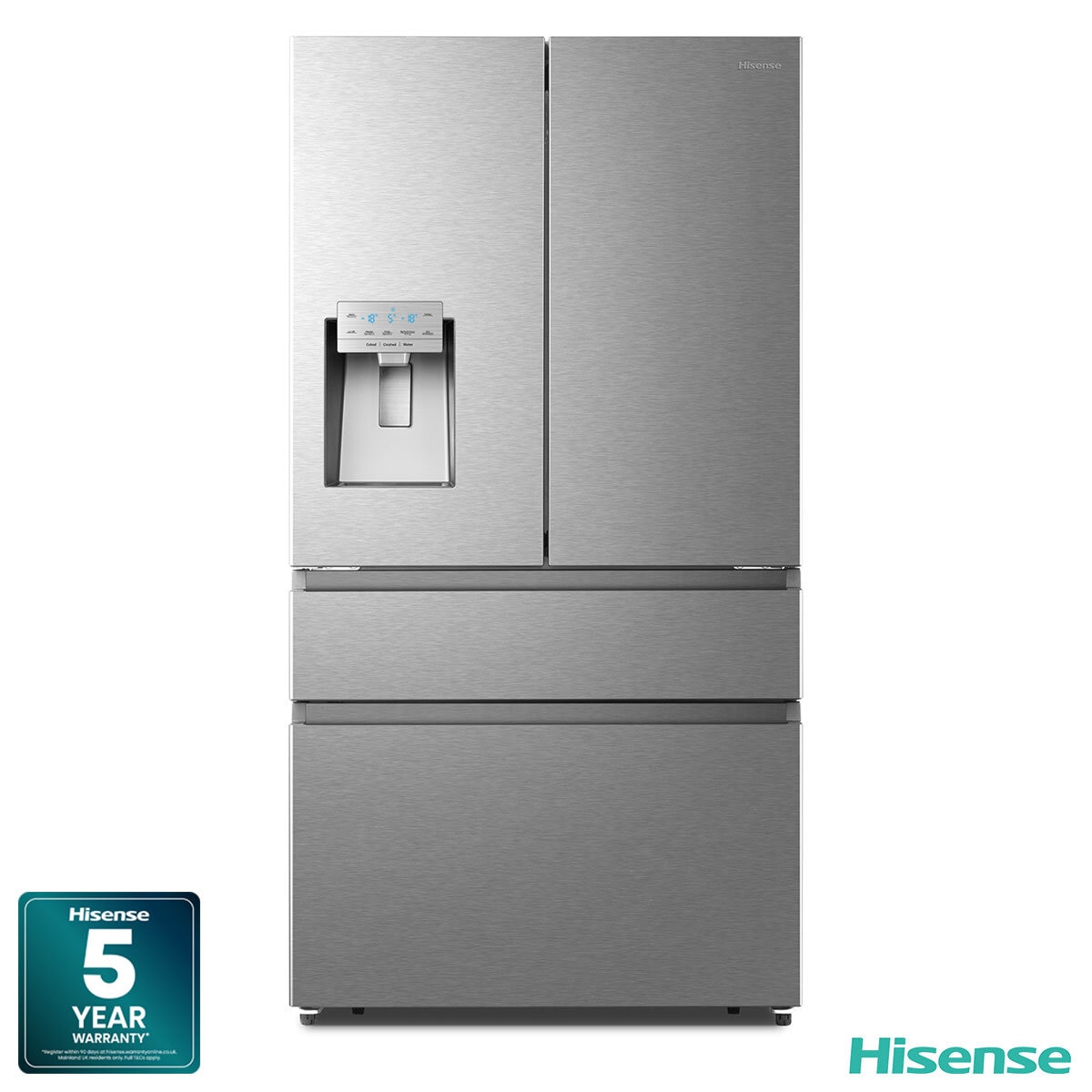 Hisense RF728N4SASE, Multi Door Fridge Freezer with Non Plumbed Water and Ice Dispenser,  E Rated in Stainless Steel