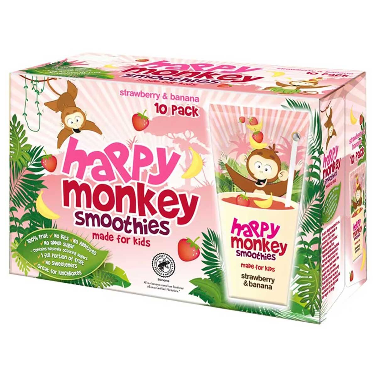 Happy Monkey Strawberry & Banana Smoothies, 10 x 180ml