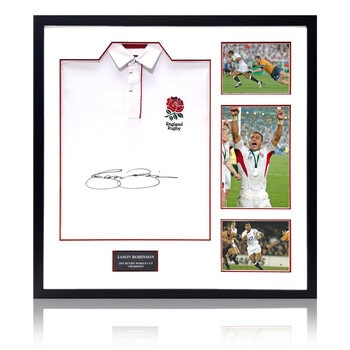 Jason Robinson Signed England Rugby Framed Shirt, including 3 Photos