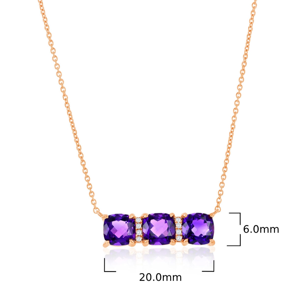 Cushion Cut Amethyst & 0.04ctw Diamond Necklace, 14ct Rose Gold