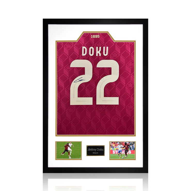 Jeremy Doku Signed Framed Belgium Football Shirt including 2 Photos Jeremy Doku Signed Framed Belgium Football Shirt including 2 Photos
