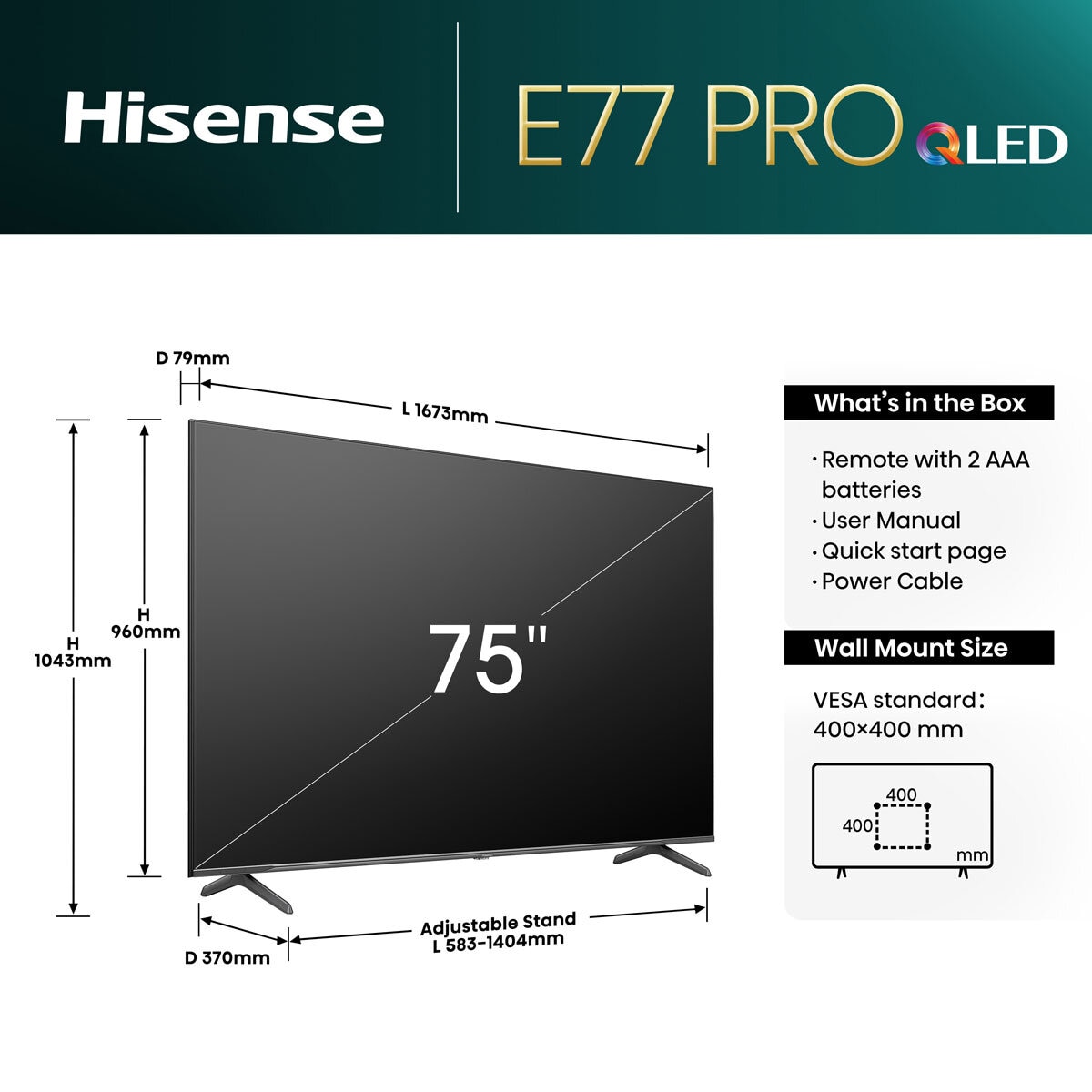 Dimensions HISENSE 75E77NQTUK PRO 75" 4K UHD QLED TV