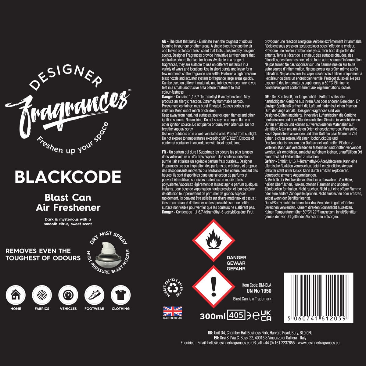 Designer Fragrances Blast Can Blackcode Air Freshener, 300ml