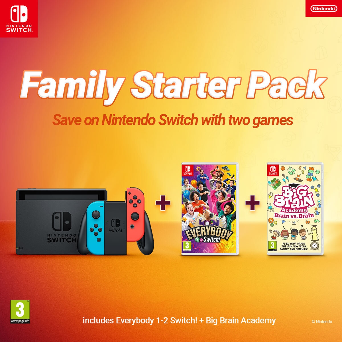 Nintendo Switch Neon Console with Big Brain Academy and Everybody 1-2 Switch Games