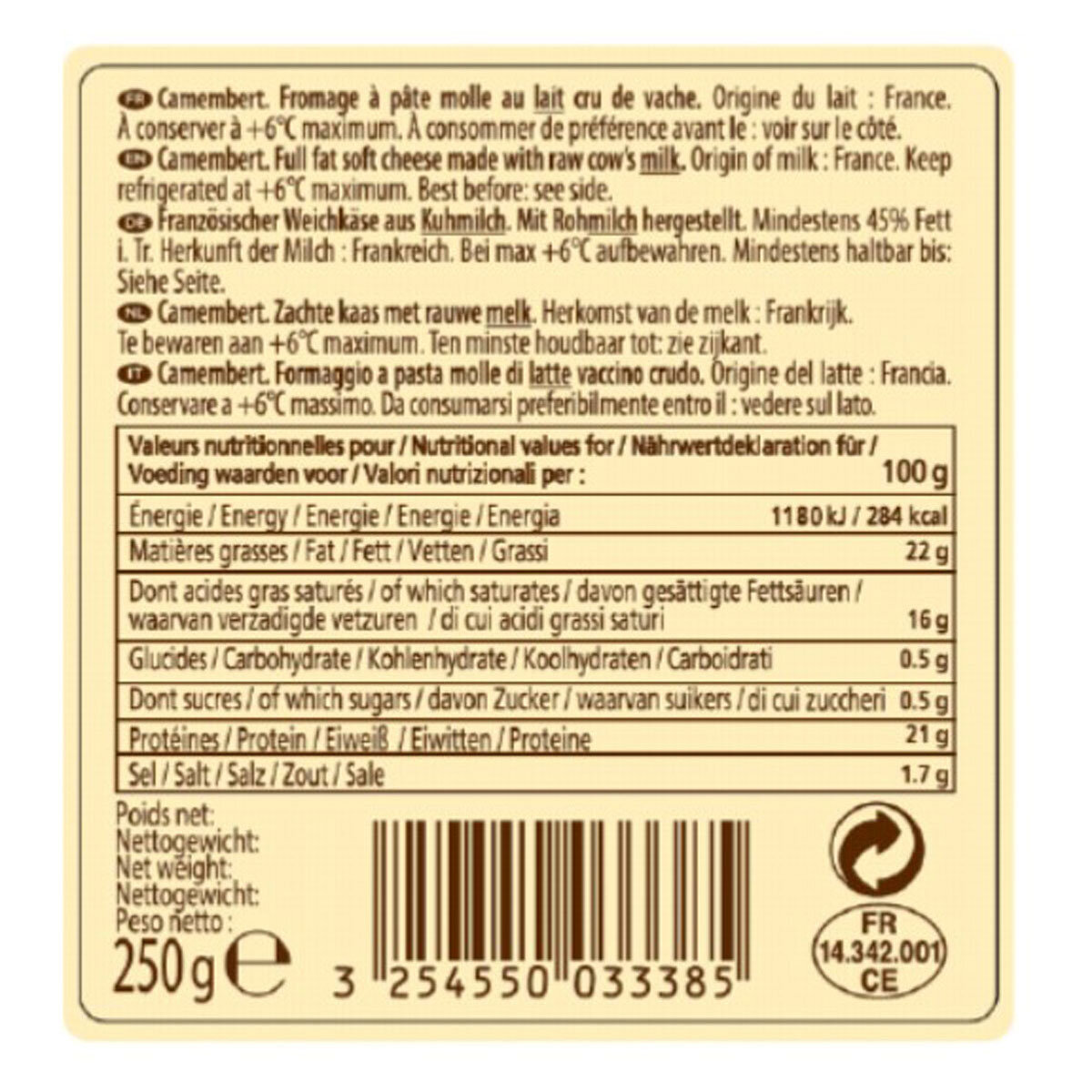 Back label 2x250g pots of Insigny Camembert