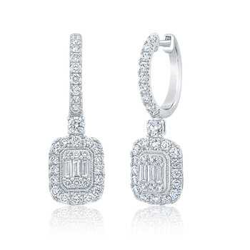 1.50ctw Baguette & Round Brilliant Cut Diamond Earrings, 14ct White Gold