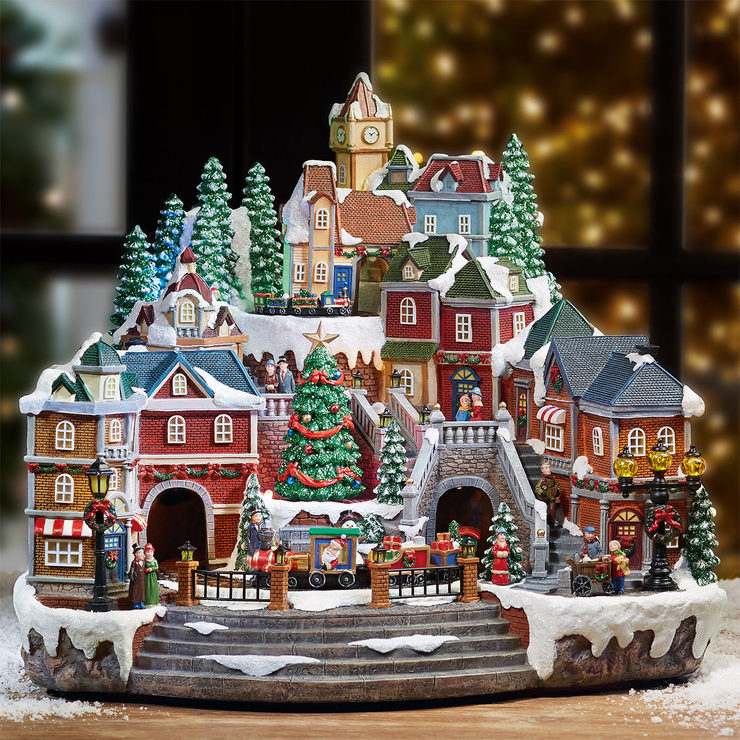 14.5 Inch (37 cm) Animated LED Winter Village Scene with Rotating Train ...