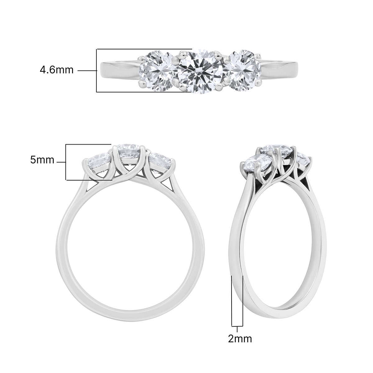 1.00ctw Round Brilliant Cut Diamond 3 Stone Ring, 18ct White Gold