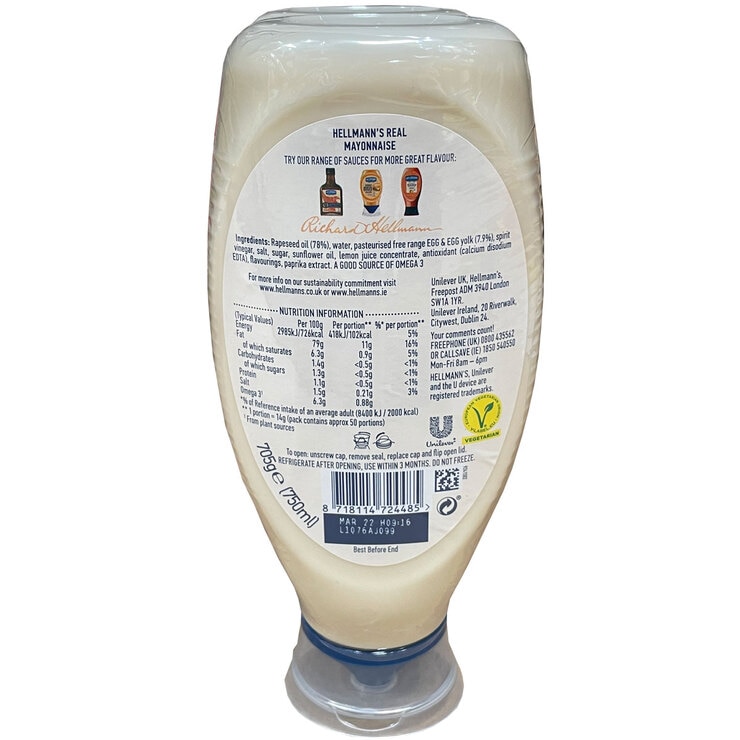 Hellmann's Real Squeezy Mayonnaise, 2 x 750ml Hellmann's Real Squeezy Mayonnaise, 2 x 750ml