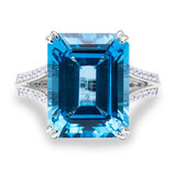 Emerald Cut Blue Topaz & 0.30ctw Diamond Ring, 18ct White Gold