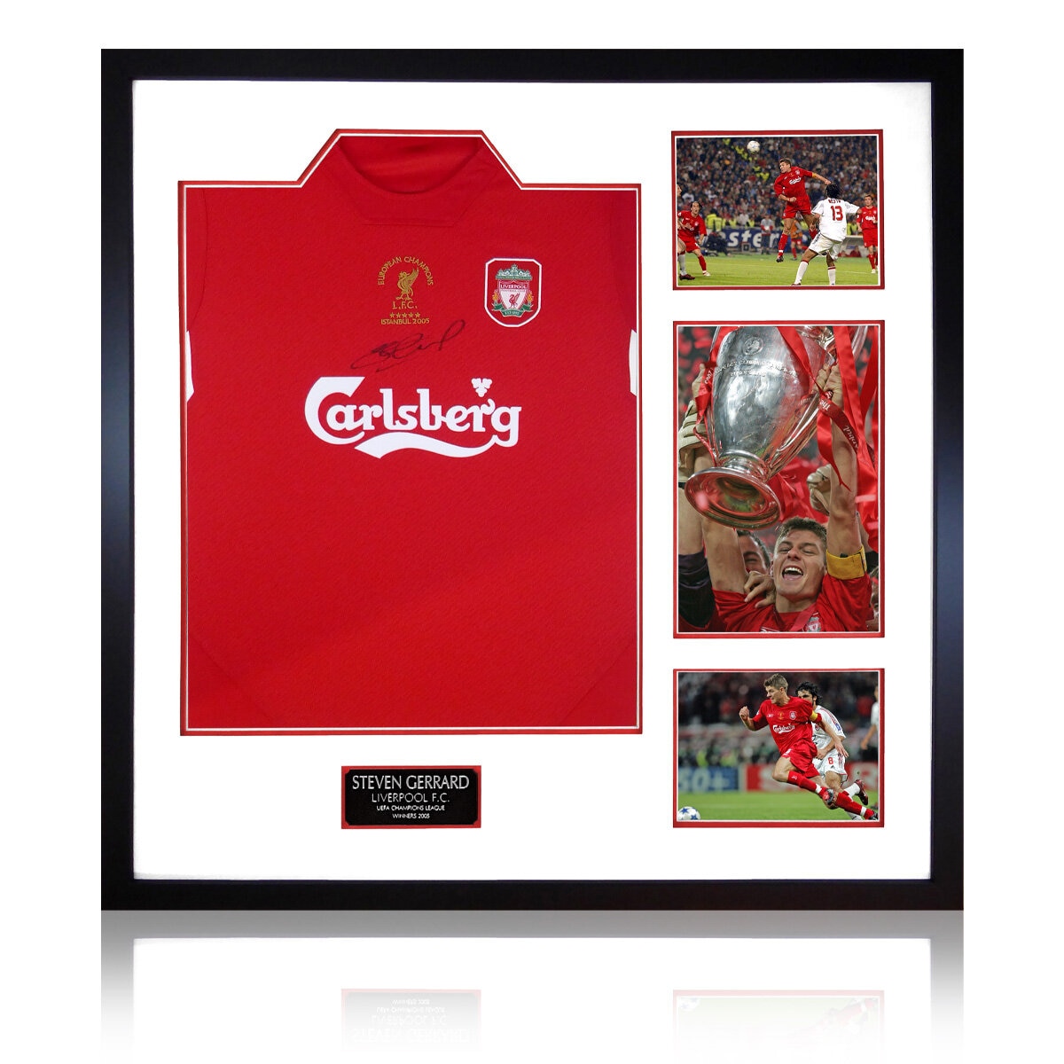 Steven Gerrard Signed 2005 Liverpool Framed Shirt, including 3 Photos