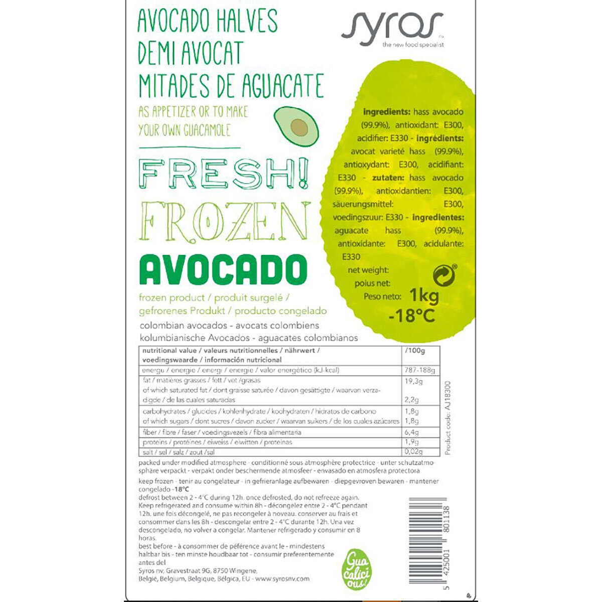 Nutrition label for 1kg Bag of Syros Frozen Avocado Halves