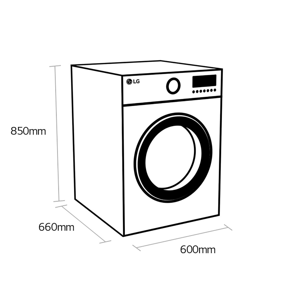 Dimensions for LG FDV709W 9kg Heat pump dryer, A++ Rated in White