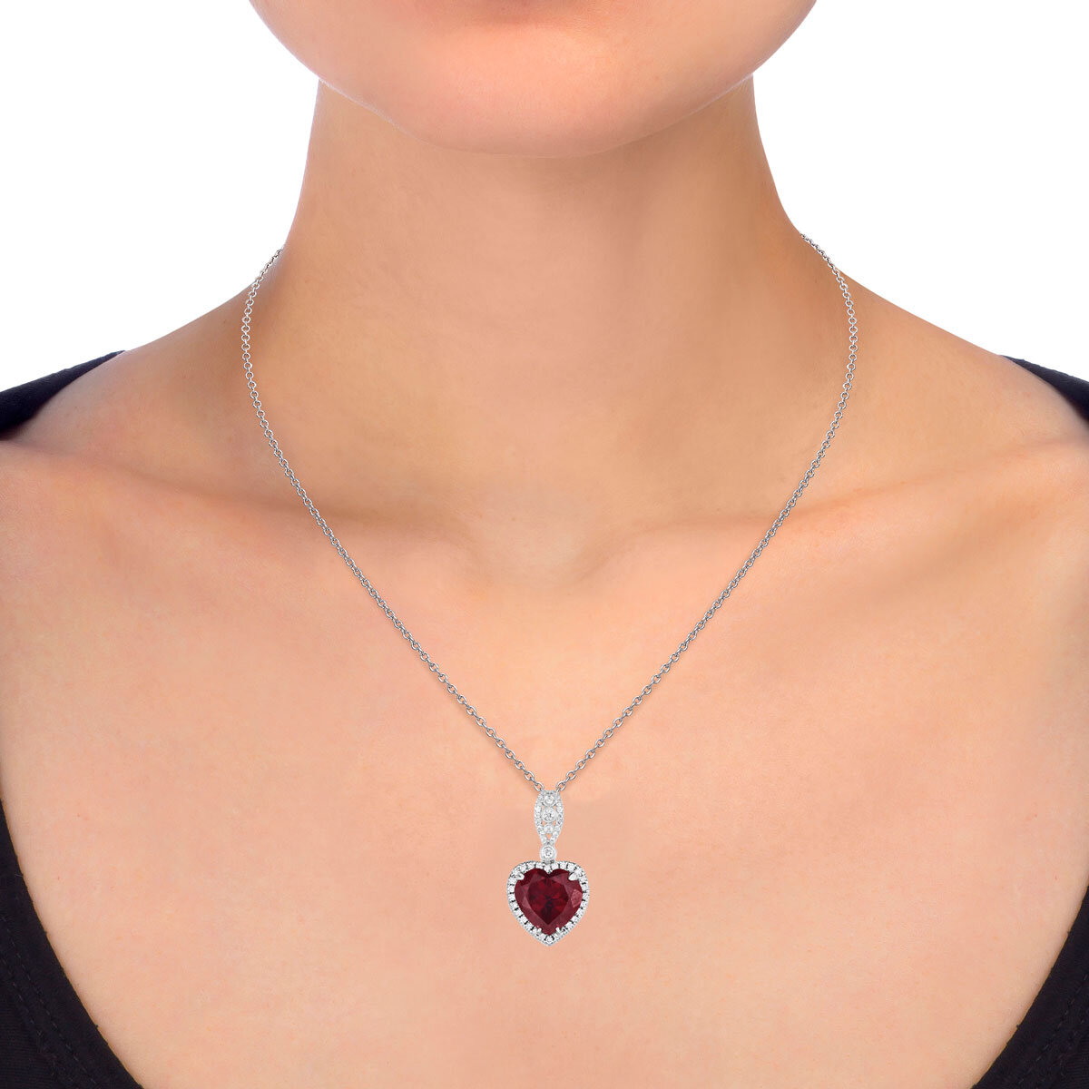 Garnet & 0.19ctw Diamond Heart Pendant, 14ct White Gold