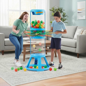 style image showing a woman and a boy playing Ker-Plunk indoors style image showing a woman and a boy playing Ker-Plunk indoors