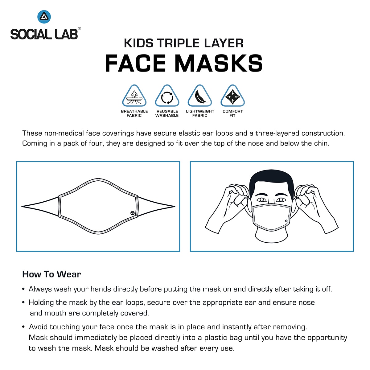 Social Lab Triple Layer Reusable Boy's Face Masks, 4 Pack