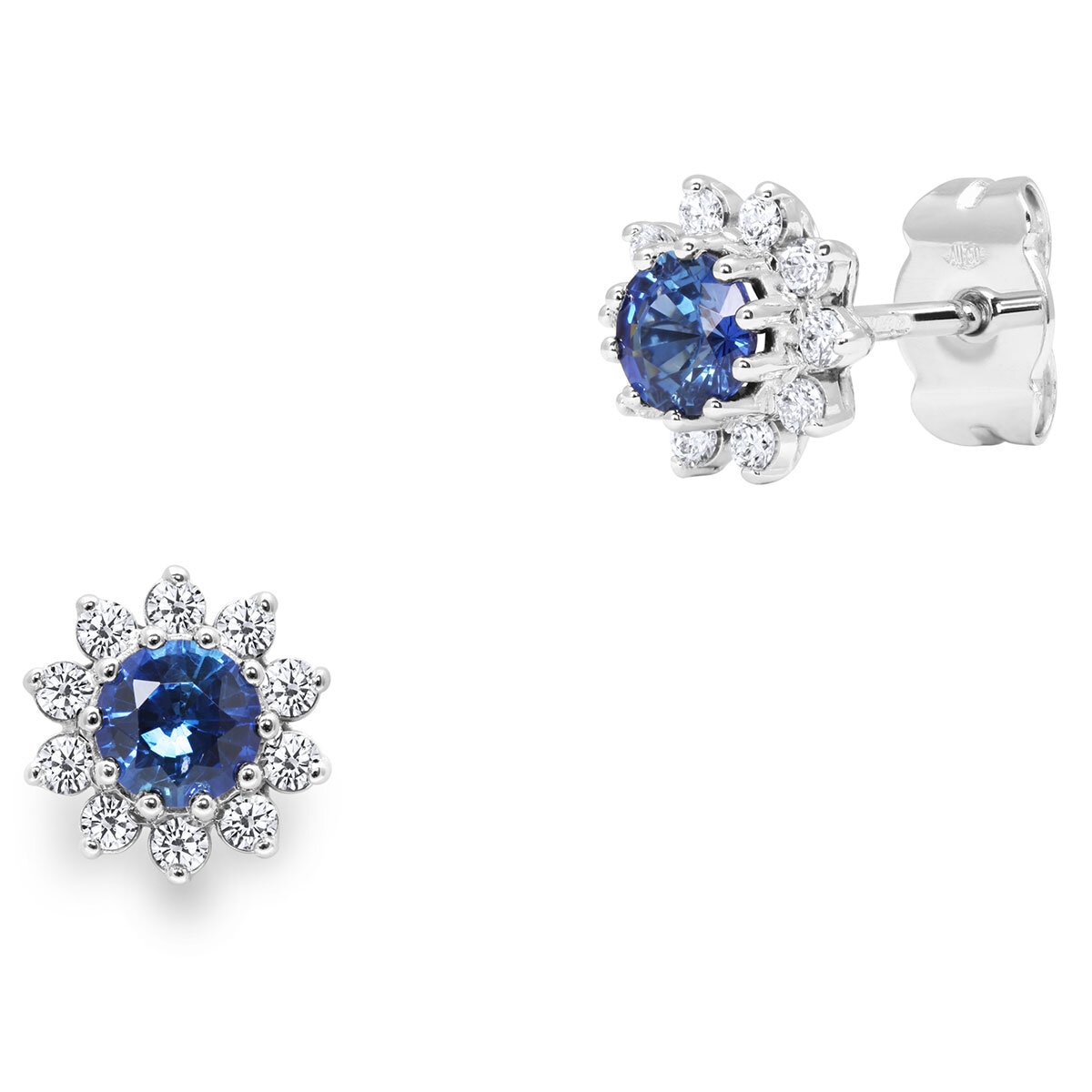 Round Cut Blue Sapphire & 0.24ctw Diamond Earrings, 18ct White Gold