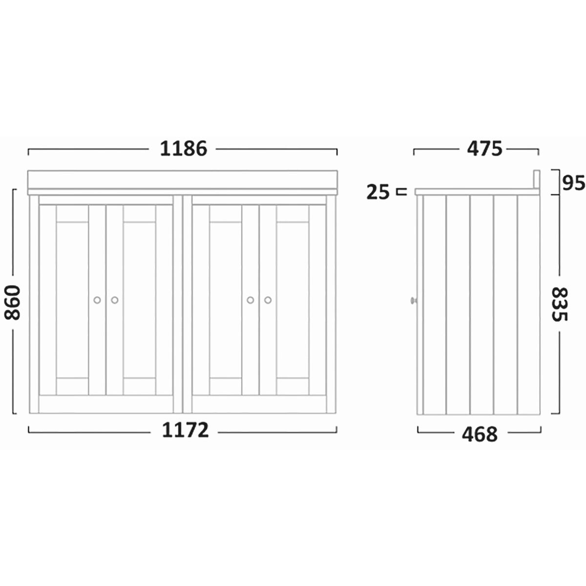 Line drawing of unit on white background with dimensions