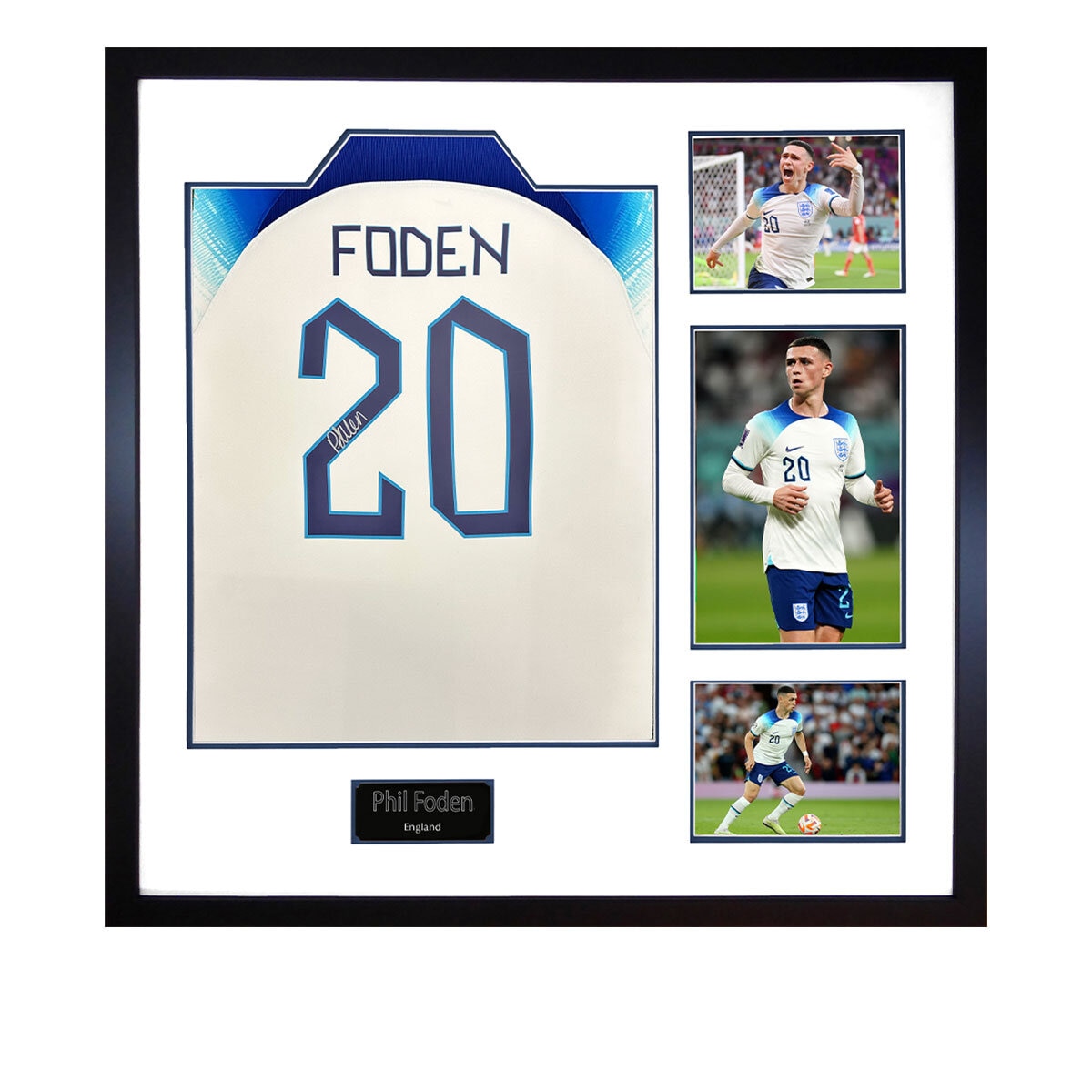 Phil Foden Signed England Framed Shirt, including 3 Photos