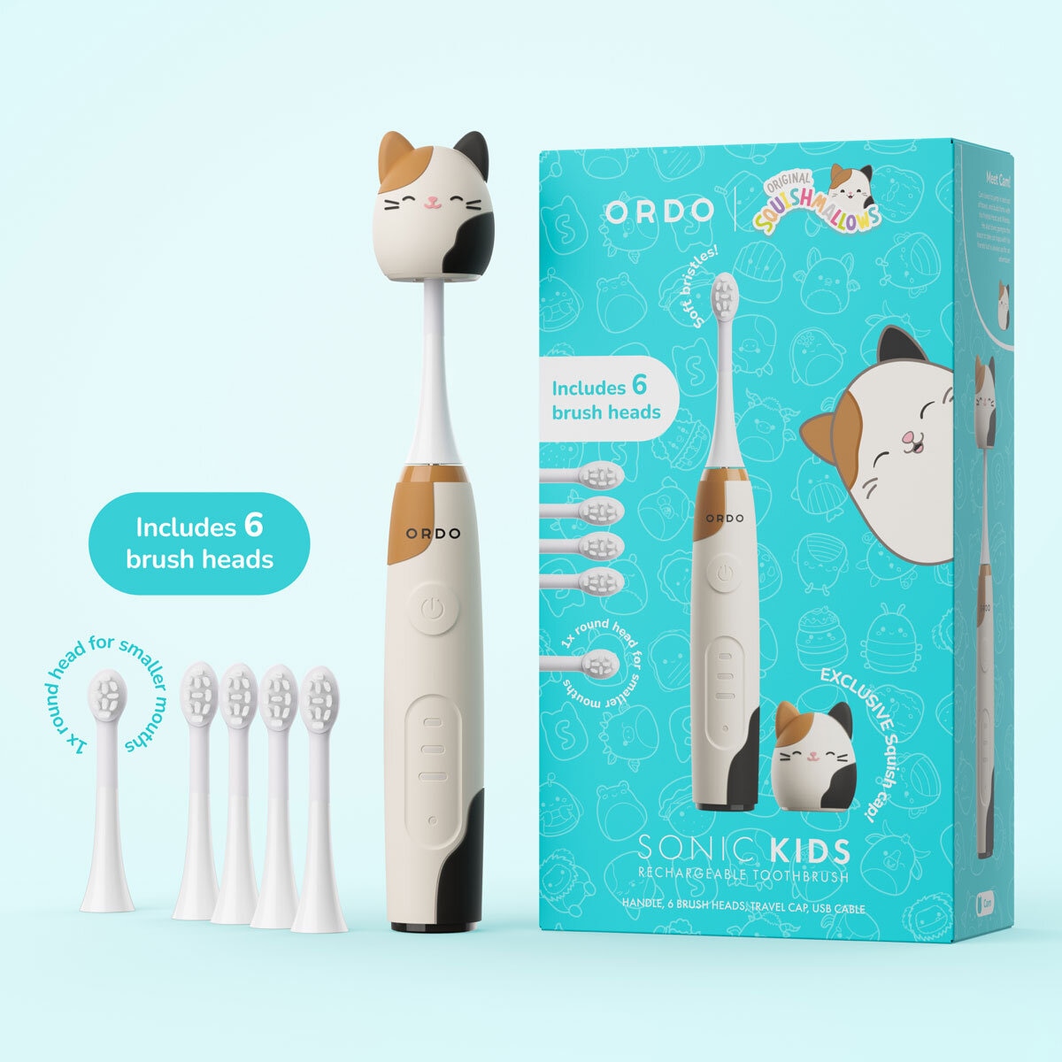 Ordo Squishmallows Cam The Cat Rechargeable Kids Toothbrush & 6 Brush Heads