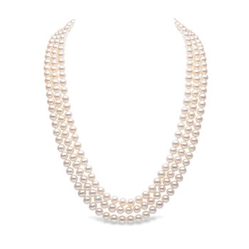 5.5mm-6mm Cultured Freshwater White Pearl 3 Row Necklace, 14ct Yellow Gold