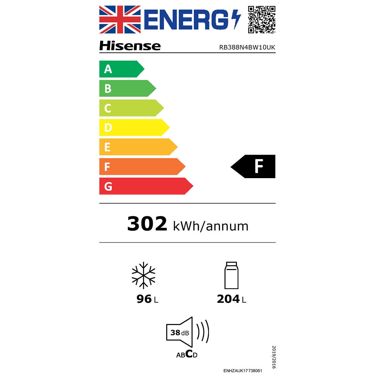 hisense rb388n4bw10uk fridge freezer f rated in white