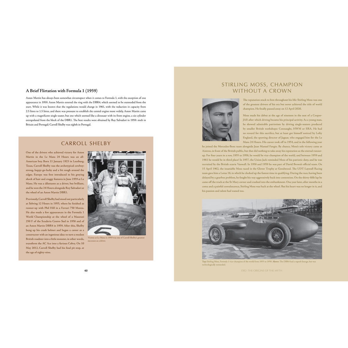 Page spread describing Carroll Shelby and Stirling Moss