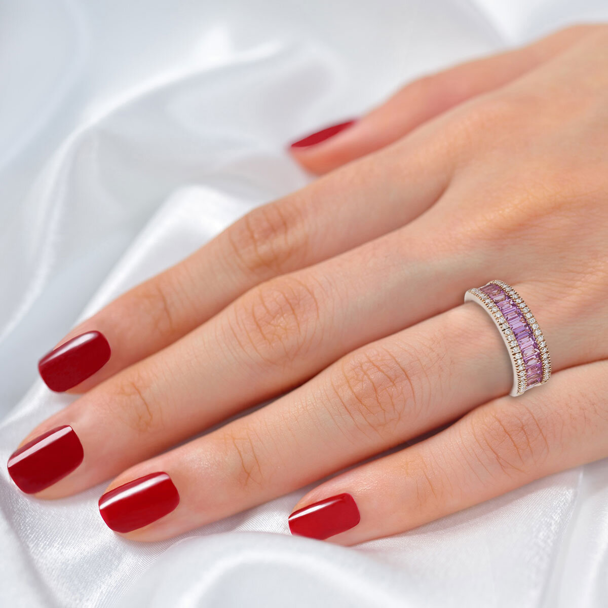 Baguette Cut Pink Sapphire  0.23ctw Diamond Ring, 18ct R...