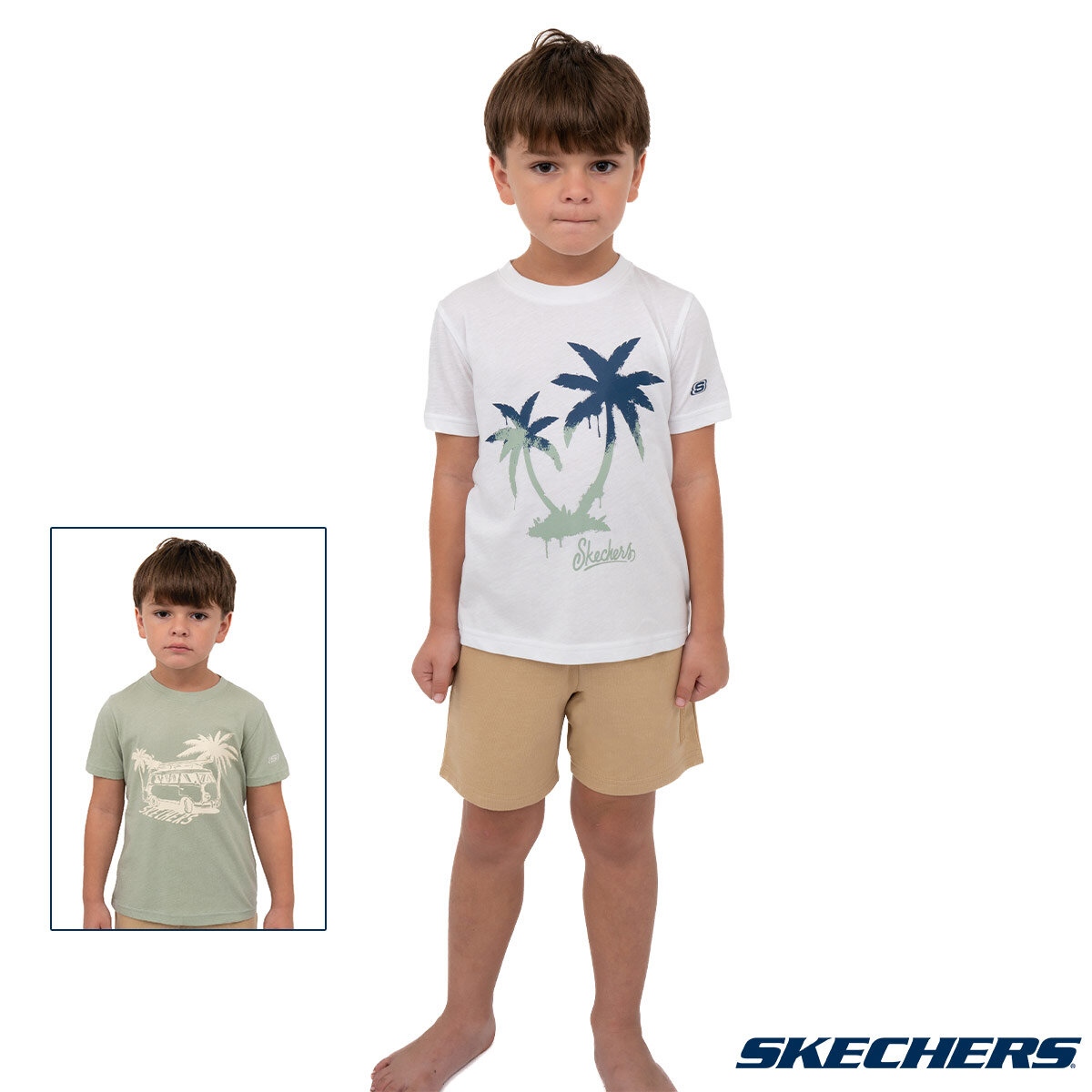 Skechers Kids 3 Piece Set with x2 T-Shirts and x1 Short in Sage & White