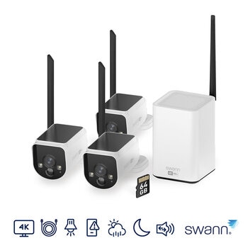 Swann MaxRanger4K Solar Security System Kit with 3 Wireless Cameras, Wi-Fi Hub with 64GB MicroSD Storage SWNVK-MR4KSD3-EU Swann MaxRanger4K Solar Security System Kit with 3 Wireless Cameras, Wi-Fi Hub with 64GB MicroSD Storage SWNVK-MR4KSD3-EU