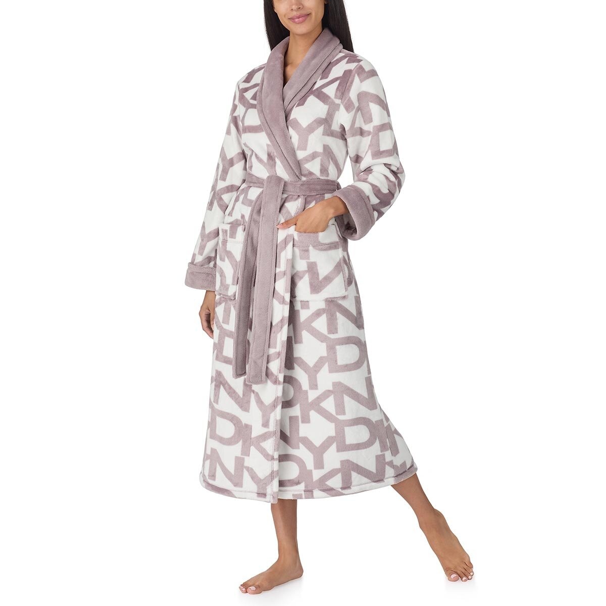 DKNY Shawl Collar Long Plush Robe in Mauve