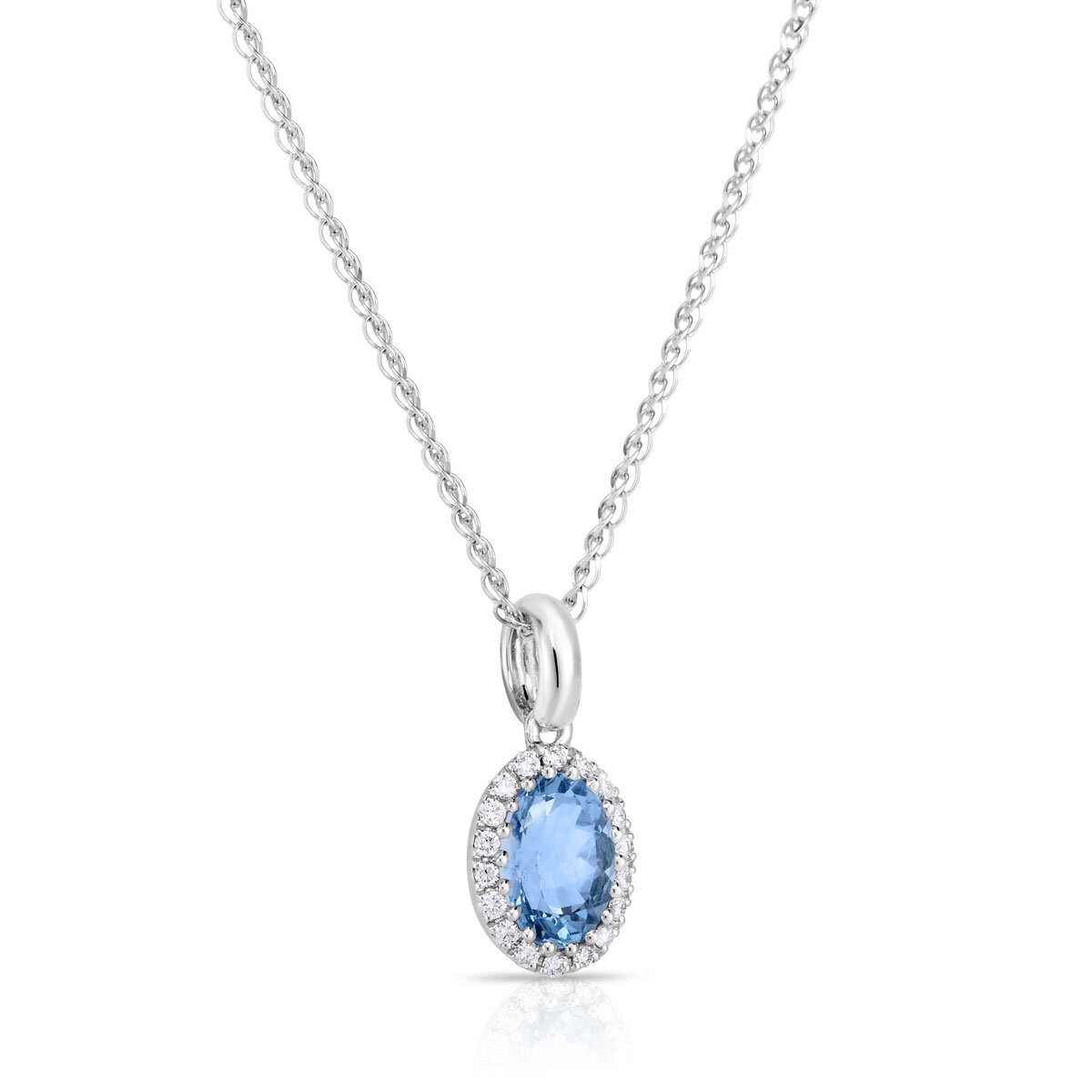 Round Cut Aquamarine & 0.09ctw Diamond Necklace, 14ct White Gold