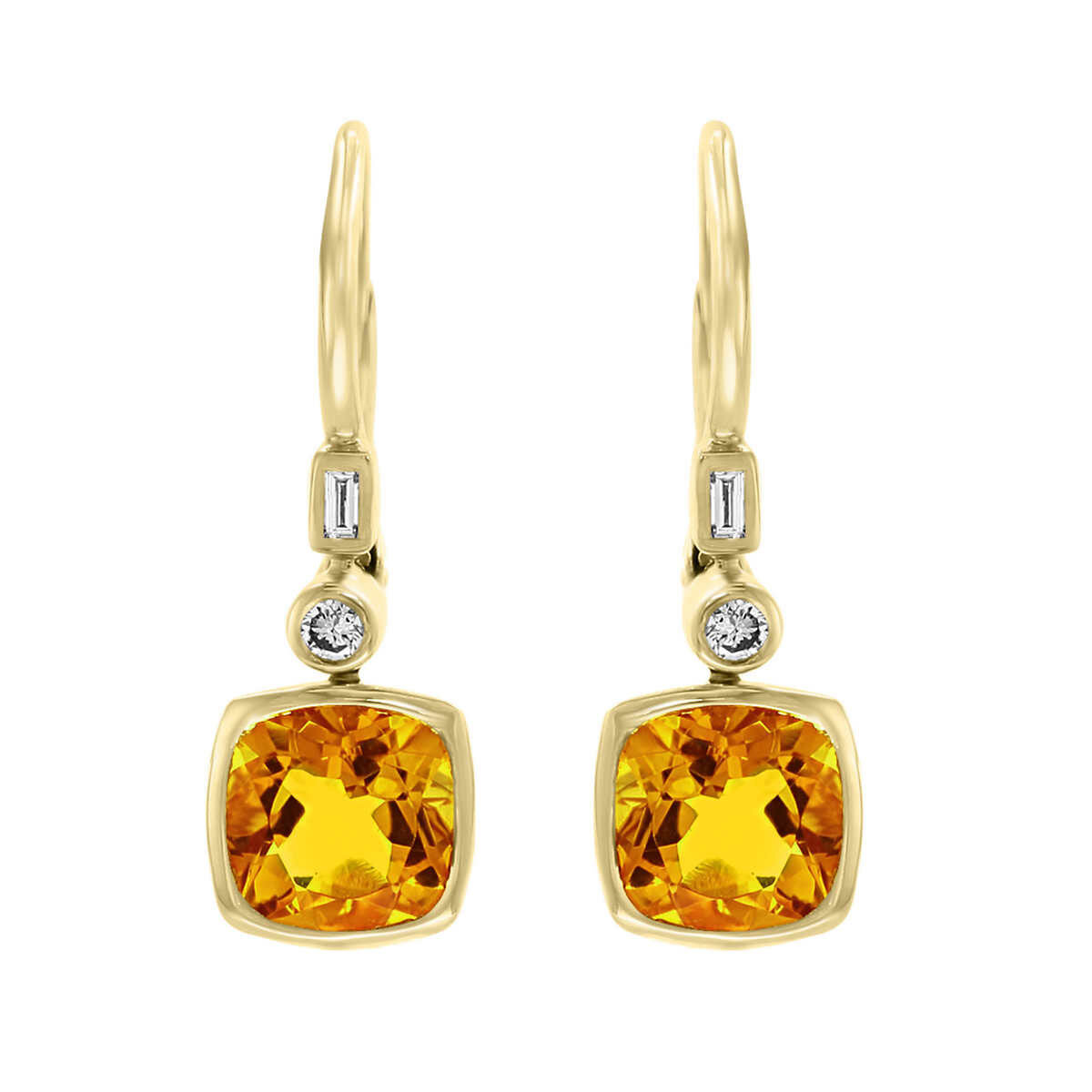 Cushion Cut Citrine & 0.10ctw Diamond Earring, 14ct Yellow Gold