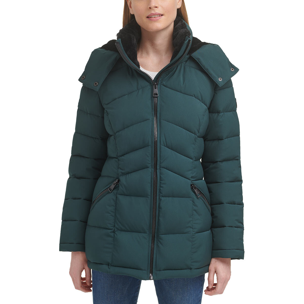 Andrew Marc Women's Short Down Jacket with Faux Fur Trim Hood in E...