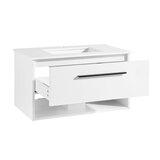 Tilted image of OVE Camila 910mm in matte white on white background with drawers open