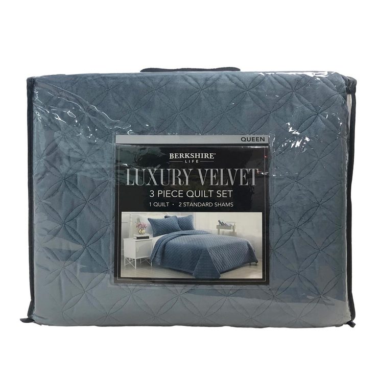 Berkshire Life Luxury Velvet 3 Piece King Size Quilt Set, Blue | Costco UK