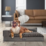 image of dog on grey herringbone pet bed