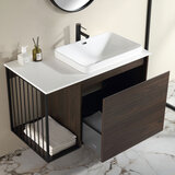 Close up angled lifestyle image of Ove Judy 1010mm in Dark Brown with drawer open