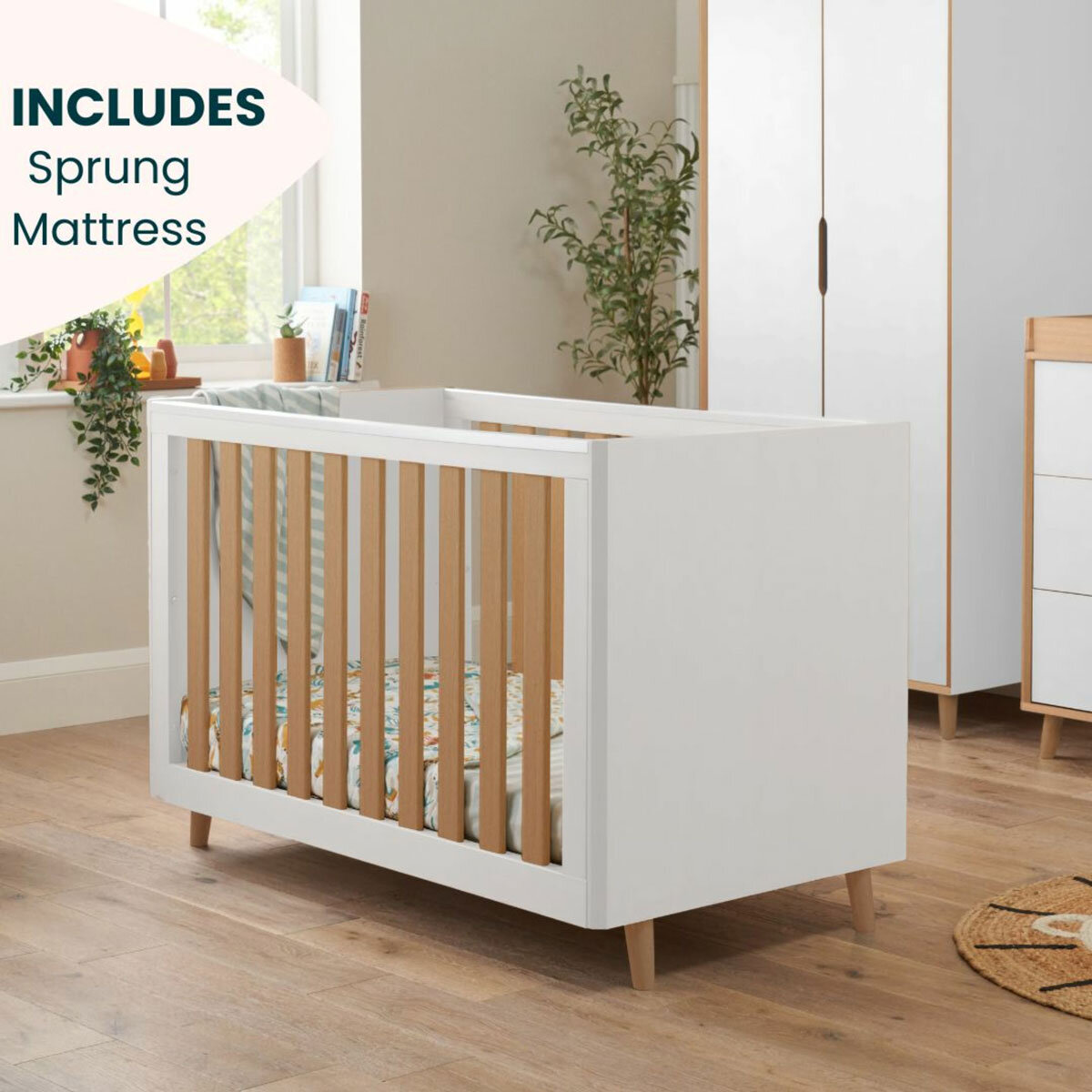 Tutti Bambini Fika Mini Cot Bed with Sprung Mattress, White & Light Oak