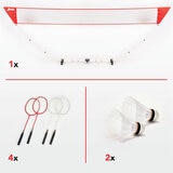 Studio image of the included net, shuttlecocks and rackets Studio image of the included net, shuttlecocks and rackets