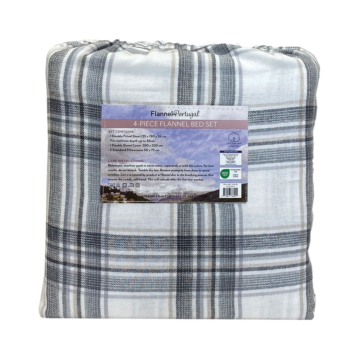 Portuguese Flannel Cotton 4 Piece Double Duvet Set, Grey Plaid