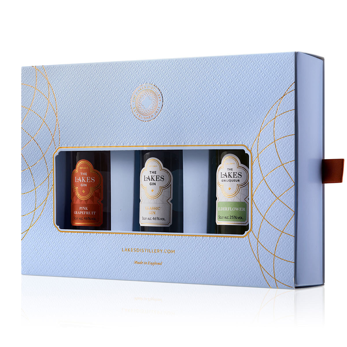 Side on view of gift pack of 3 gins in blue cardboard box