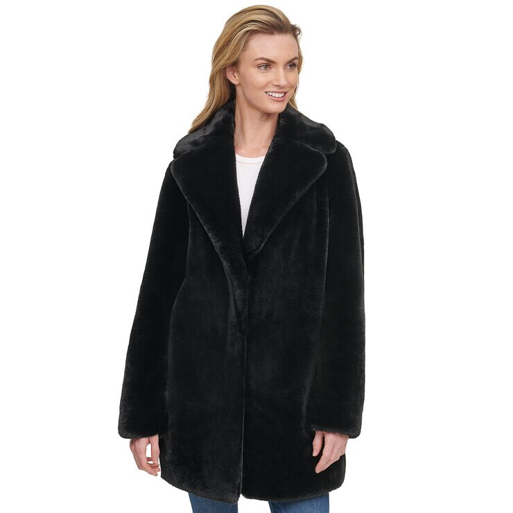 Andrew Marc Women's Faux Fur Shawl Collar Coat in Black | Costco UK