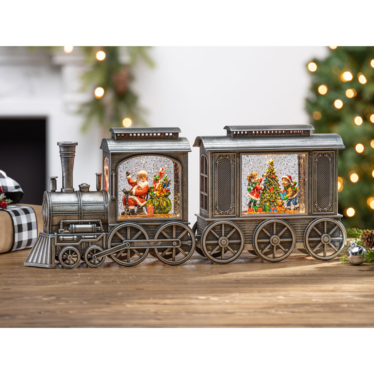 7.6 inches (0.19m) 2 Piece Pewter LED Lighted Water Globe Train with Motion Sensor