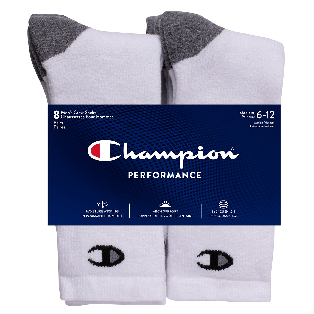 Champion Mens Crew Sock, 8 Pack in White