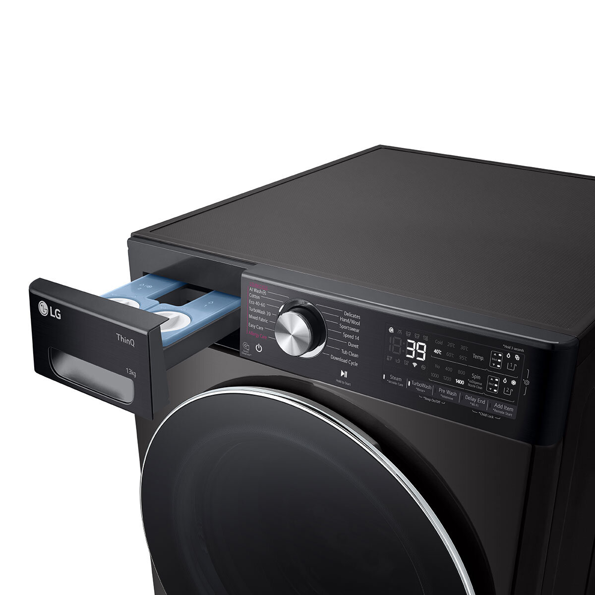 Detergent tray LG F4Y913BCTA1 WiFi-enabled 13 kg 1400 Spin Washing Machine, A Rated in Black
