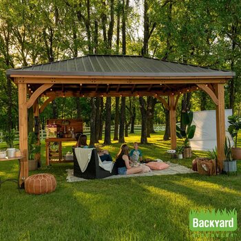 Backyard Discovery Barrington 14ft x 12ft (4.3 x 3.7m) Wooden Gazebo with Peaked Galvanised Steel Roof Backyard Discovery Barrington 14ft x 12ft (4.3 x 3.7m) Wooden Gazebo with Peaked Galvanised Steel Roof